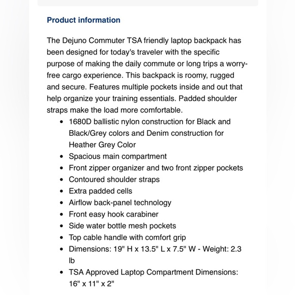 dejuno Crestone 19” Backpack commuter deluxe,laptop pocket,padded straps,travel - Picture 13 of 13
